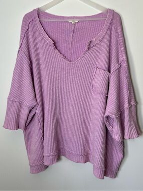 EASEL Ribbed V-Neck Oversized Short Sleeve Top Sunday Comfort Purple Pink